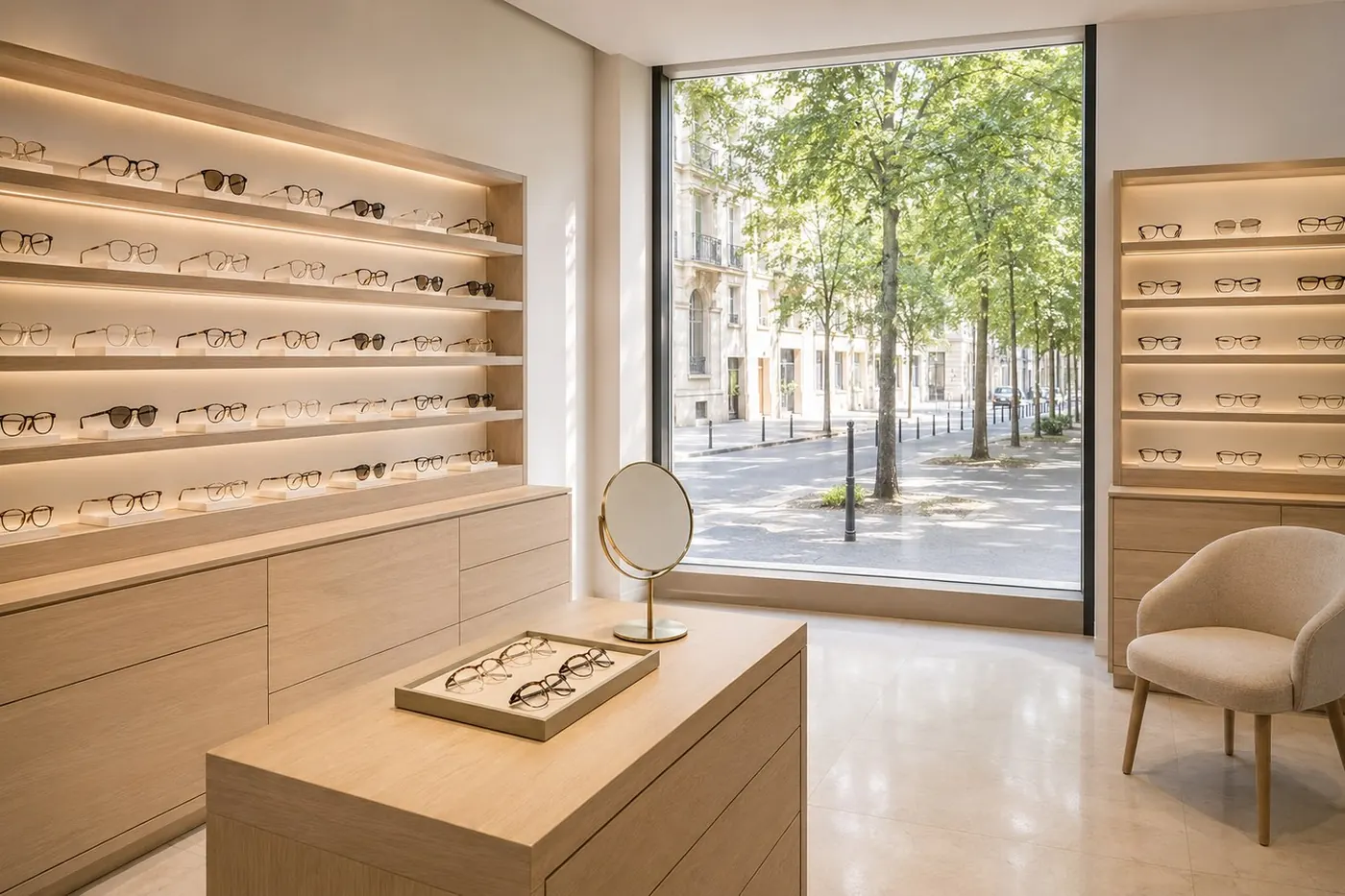 Un magasin d'optique baigné de lumière, vu comme la page d'accueil de votre site