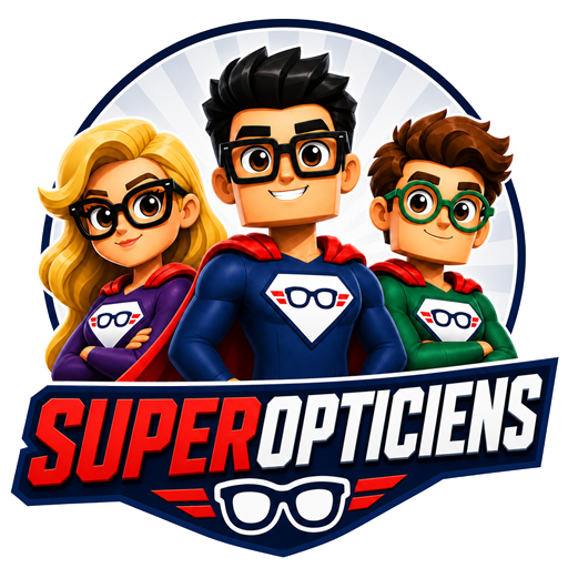 Les trois mascottes Superopticiens — des opticiens en super-héros